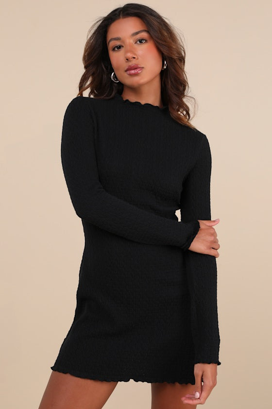 Flattering Forecast Olive Green Textured Long Sleeve Mini Dress