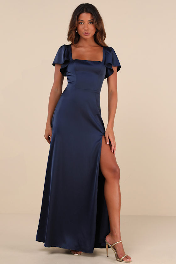 Ultimate Sweetness Plum Satin Flutter Sleeve Maxi Dress