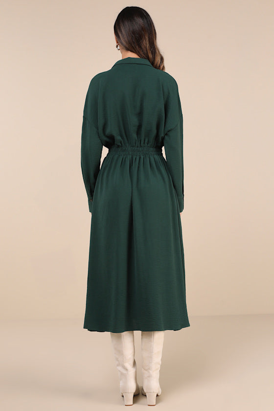 Timeless Class Dark Red Collared Button-Up Pleated Midi Dress