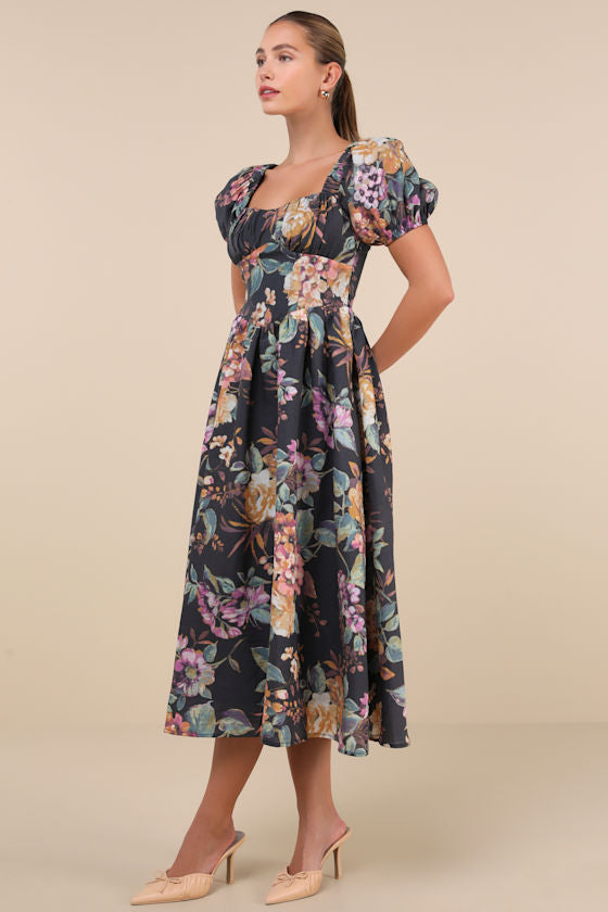 Adorable Tendencies Periwinkle Floral Puff Sleeve Midi Dress