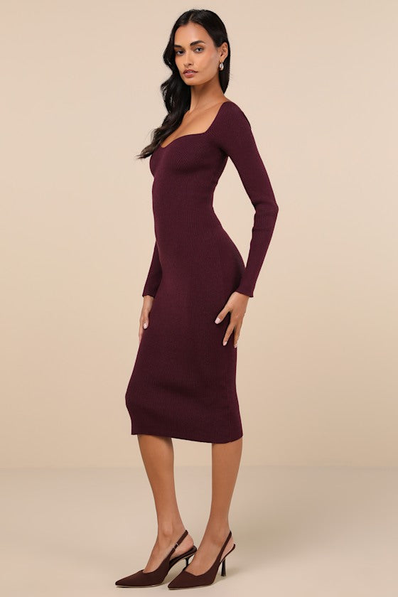 Fall Feelings Plum Purple Ribbed Bodycon Midi Dress