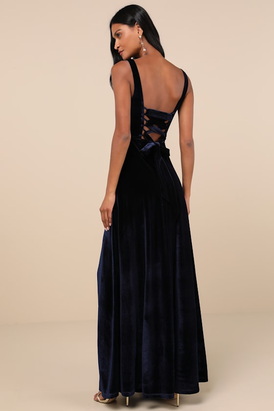 Graceful Invite Emerald Velvet Square Neck Lace-Up Maxi Dress
