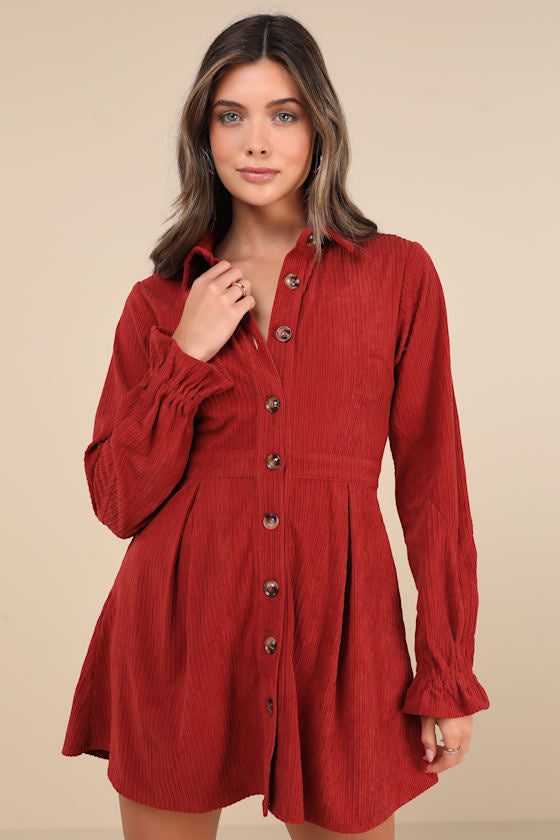 Autumn Mood Emerald Green Corduroy Mini Dress With Pockets