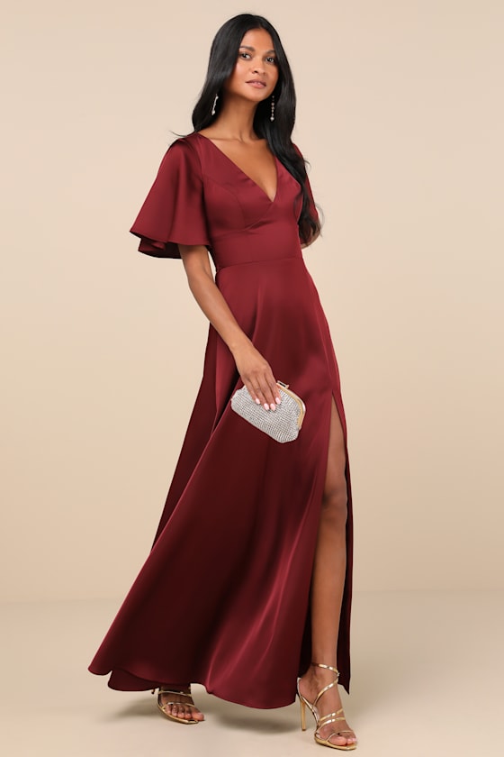 Elegant Confidence White Satin Flutter Sleeve Cutout Maxi Dress