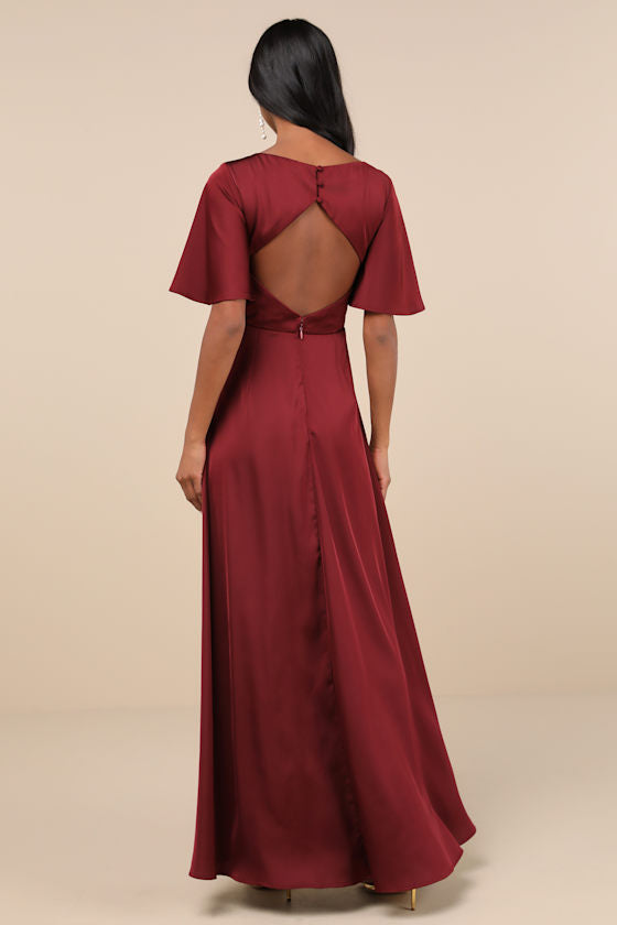 Elegant Confidence Teal Satin Flutter Sleeve Cutout Maxi Dress