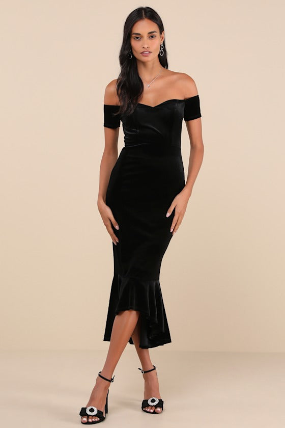 How Much I Care Wine Red Velvet Off-the-Shoulder Midi Dress