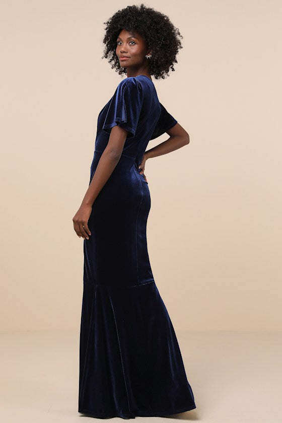 Elegant Evenings Black Velvet Flutter Sleeve Trumpet Maxi Dress