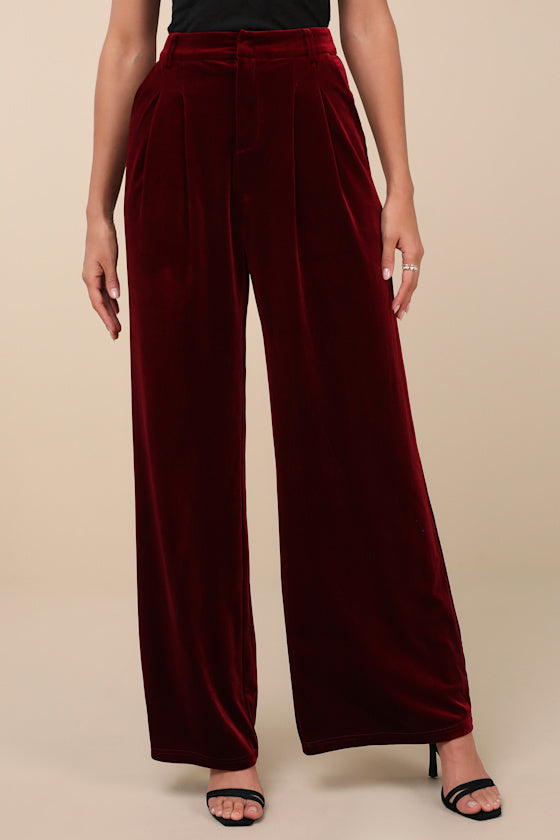 Chic Splendor Wine Red Velvet Pleated High-Rise Wide-Leg Pants