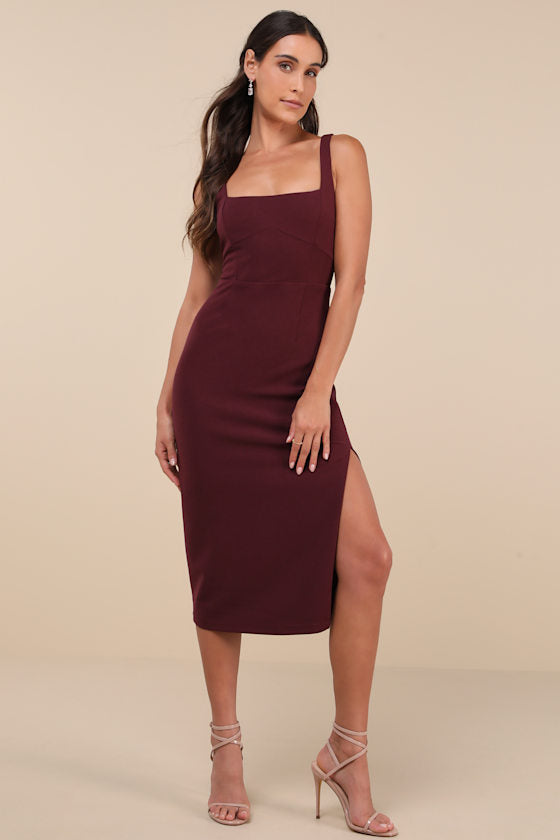 Vibrant Allure Black Square Neck Sleeveless Bodycon Midi Dress