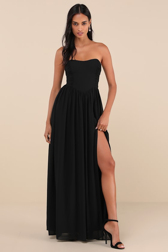 Luxe Favorite Dark Purple Strapless Ruched Maxi Dress