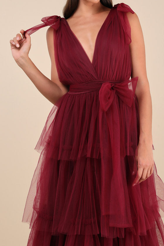 Flawless Arrival Navy Blue Tulle Tie-Strap Tiered Maxi Dress