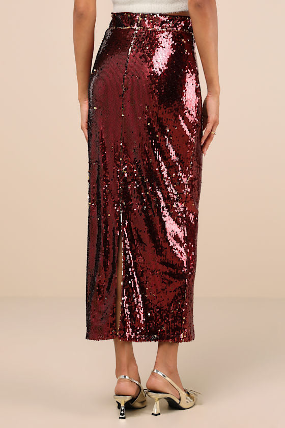 Dazzling Appearance Gold Sequin High-Rise Midi Skirt
