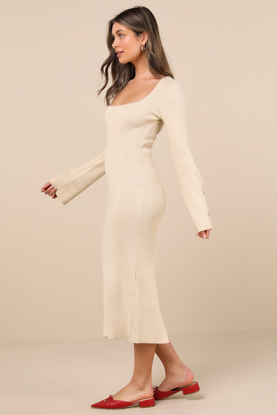 Classy Attitude Emerald Ribbed Square Neck Midi Sweater Dress