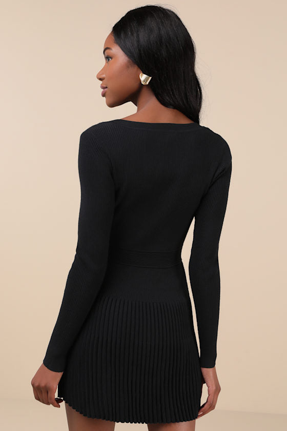 Chicest Crush Black Ribbed Long Sleeve Mini Sweater Dress