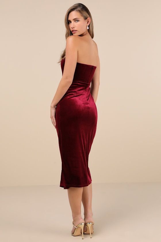 Masterfully Flirty Dark Blue Velvet Bustier Midi Dress