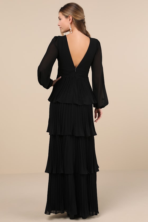 Graceful Finesse Plum Pleated Long Sleeve Maxi Dress