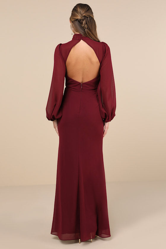 Graceful Entrance Navy Blue Long Sleeve Backless Maxi Dress