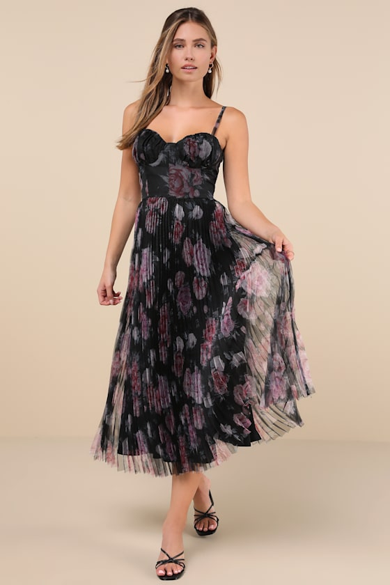 Alluring Invite Midnight Blue Floral Pleated Bustier Midi Dress