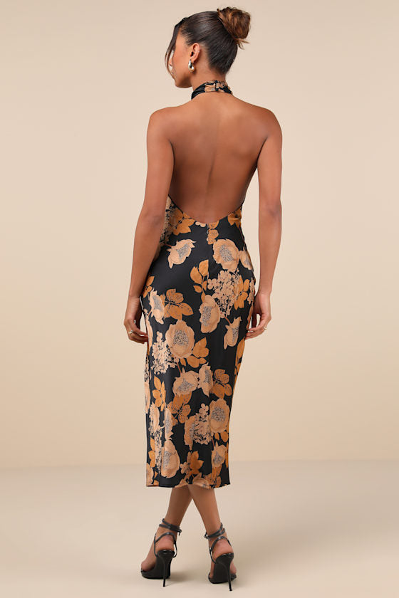 Beyond Classy Brown Satin Halter Midi Dress