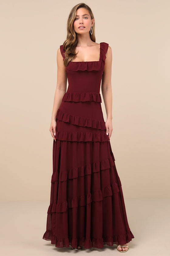 Compelling Romantic Dark Blue Ruffled Tiered Maxi Dress