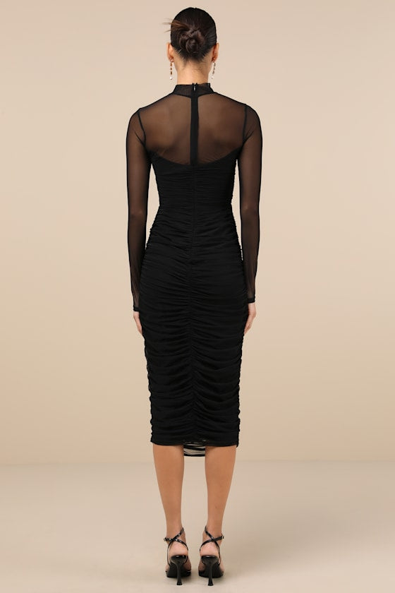 Impressive Flirt Navy Mesh Ruched Mock Neck Midi Dress