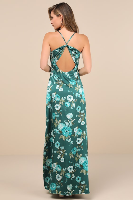 Wondrous Allure Navy Blue Floral Satin Backless Maxi Dress