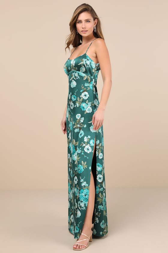 Wondrous Allure Navy Blue Floral Satin Backless Maxi Dress