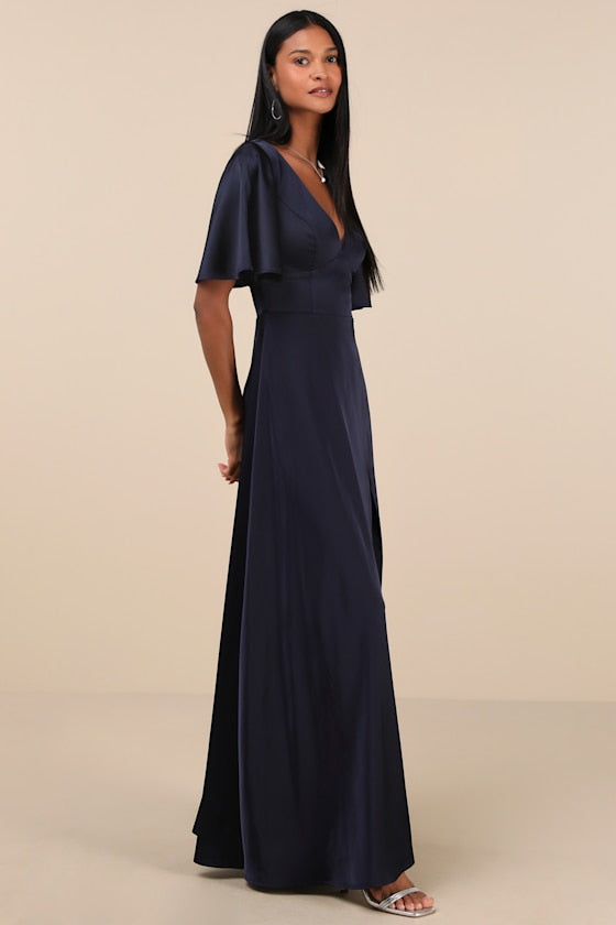 Elegant Confidence Teal Satin Flutter Sleeve Cutout Maxi Dress