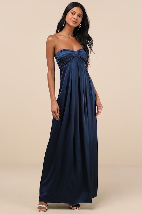 Memorable Entrance Olive Green Strapless Satin Maxi Dress
