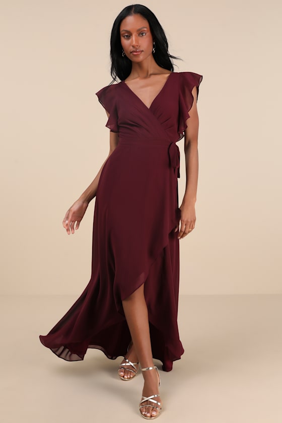 Ravishing Charm Dark Blue Ruffled Wrap High-Low Maxi Dress