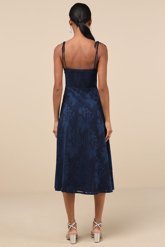 Loveliest Looks Black Floral Jacquard Tie-Strap Midi Dress