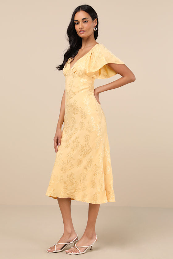 Effervescent Afternoon Slate Satin Flutter Sleeve Midi Dress