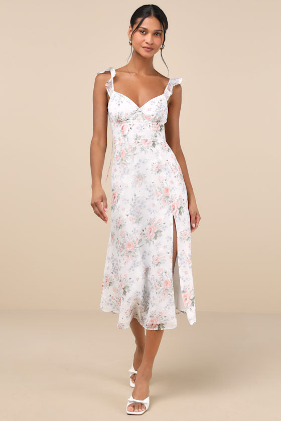 Delightful Direction Blush Floral Ruffled Tie-Strap Midi Dress
