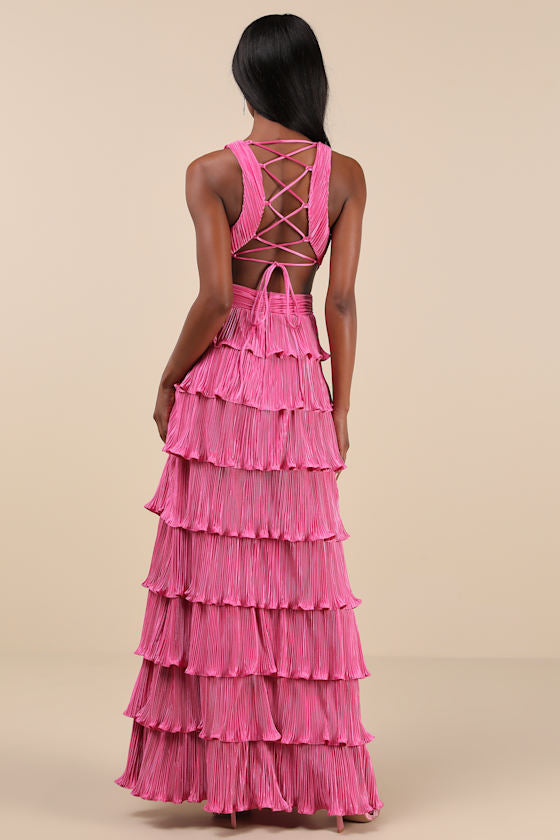 Beauty Icon Lavender Satin Pleated Tiered Lace-Up Maxi Dress
