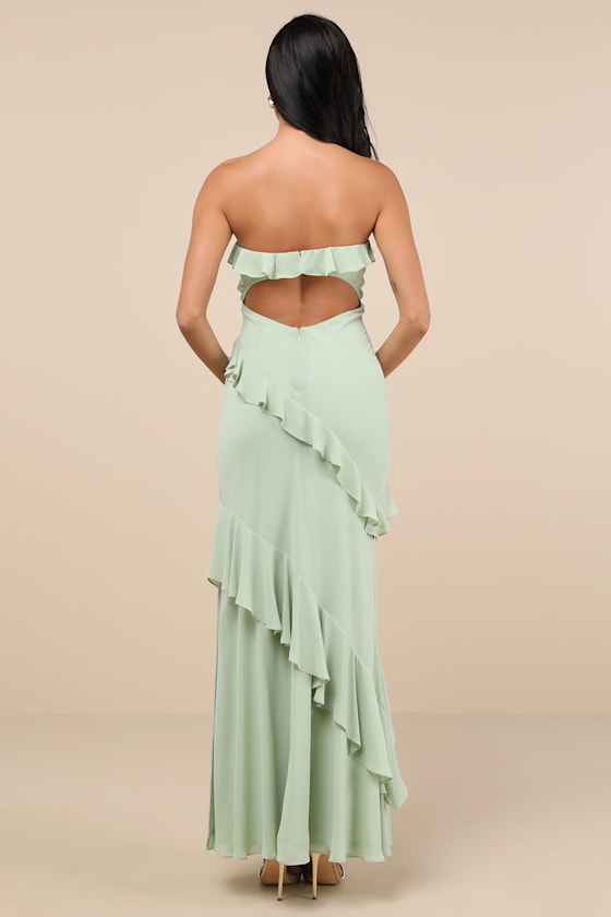 Dramatic Allure Black Ruffled Cutout Strapless Maxi Dress