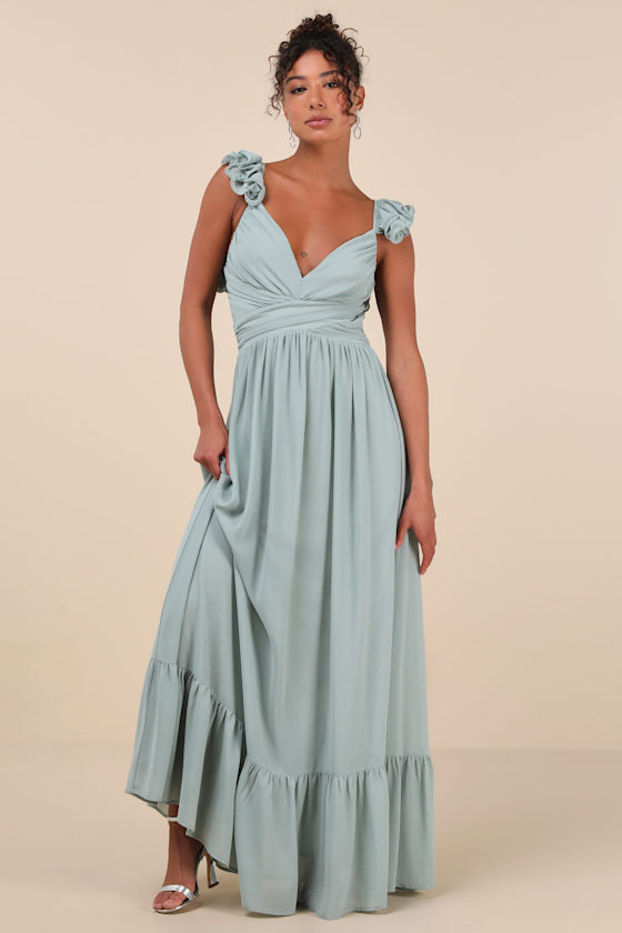 Soiree Celebration Blue Floral Ruffled Lace-Up Maxi Dress