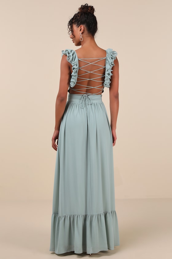 Soiree Celebration Navy Blue Ruffled Lace-Up Maxi Dress