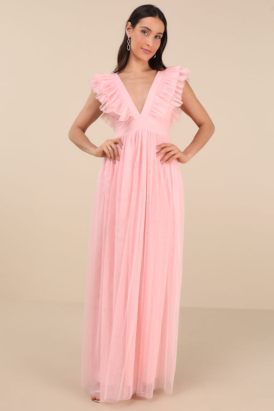 Simply Delighted Black Floral Mesh Ruffled Backless Maxi Dress