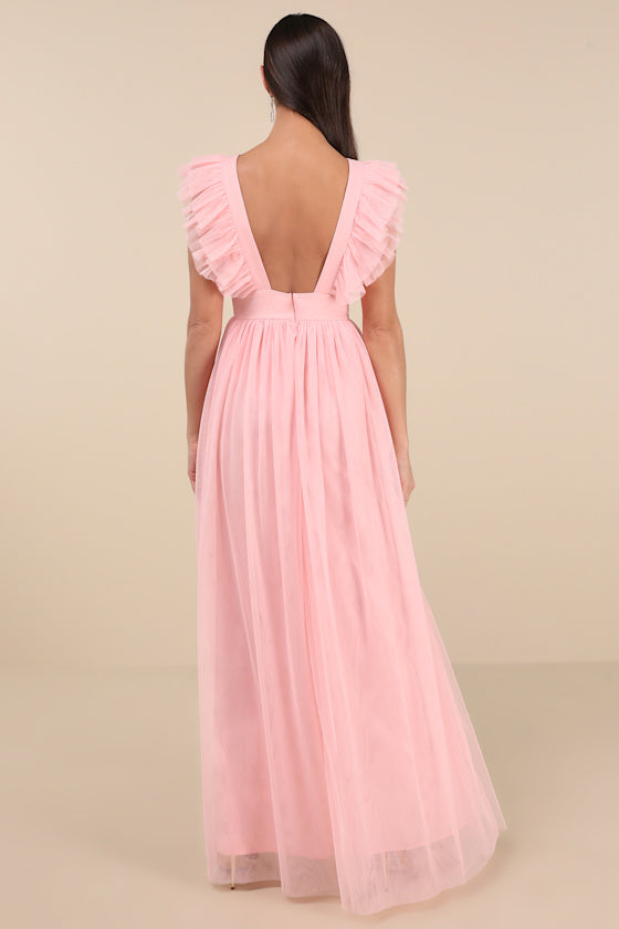 Simply Delighted Black Floral Mesh Ruffled Backless Maxi Dress
