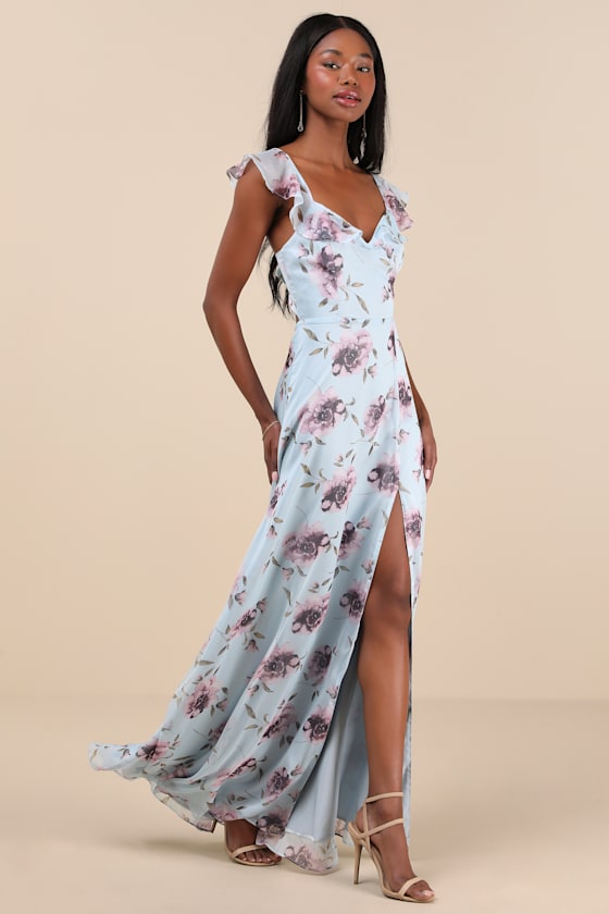 Sweetest Entrance Plum Purple Floral Ruffled Tie-Back Maxi Dress