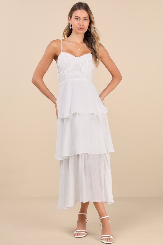Cascading Crush Light Blue Tiered Bustier Midi Dress