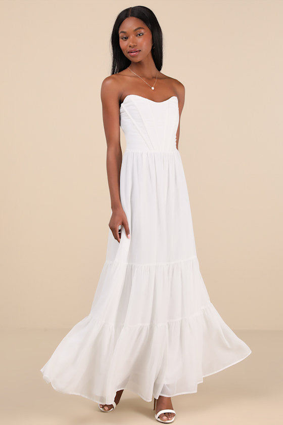 Special Moment Light Blue Floral Strapless Bustier Maxi Dress