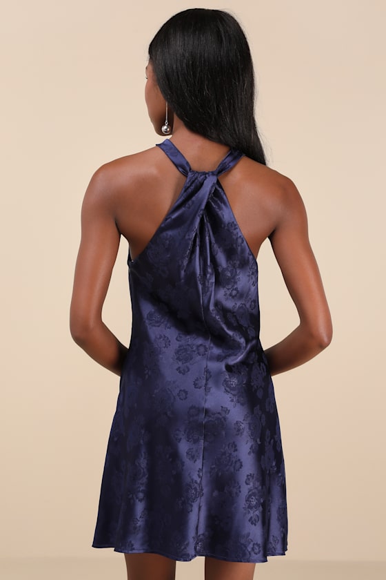 Got the Key Rust Satin Floral Jacquard Halter Mini Dress