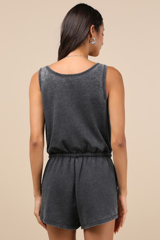 Perfect Lazy Day Sage Green Sleeveless Drawstring Lounge Romper