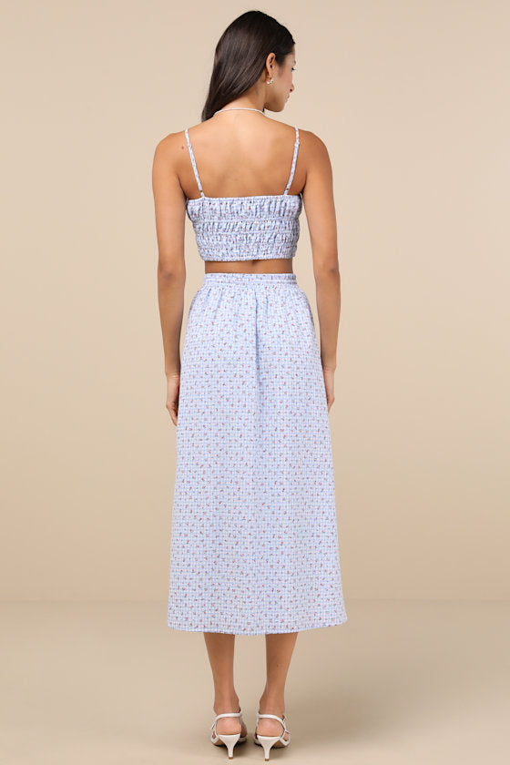 Delightful Blue Gingham Two-Piece Midi Dress
