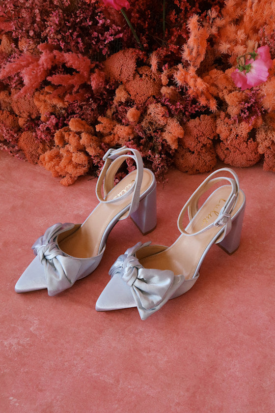 Suttonn Ivory Satin Bow Ankle Strap Pointed-Toe Pumps