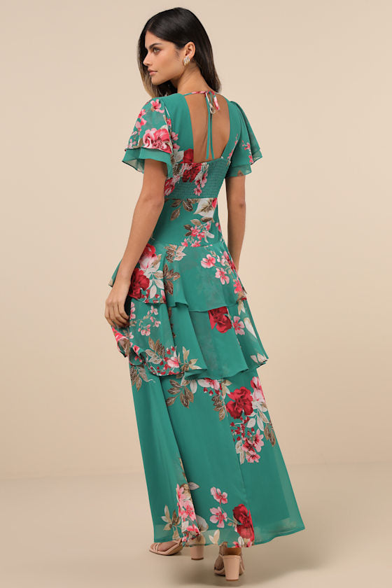 Midnight Mood Pink Floral Print Tiered Maxi Dress