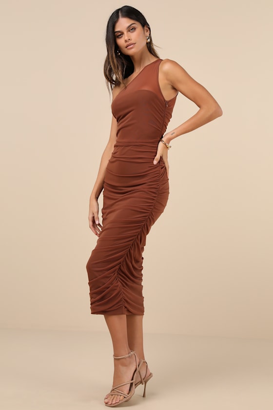 Kiden Blue Mesh Ruched One-Shoulder Midi Dress