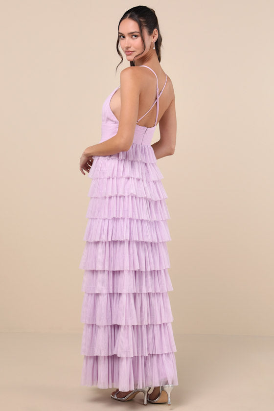 Radiant Event Black Mesh Tiered Pleated Backless Maxi Dress
