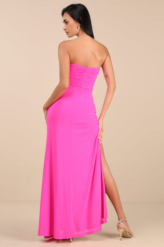 Epitome of Allure Purple Mesh Strapless Ruched Maxi Dress